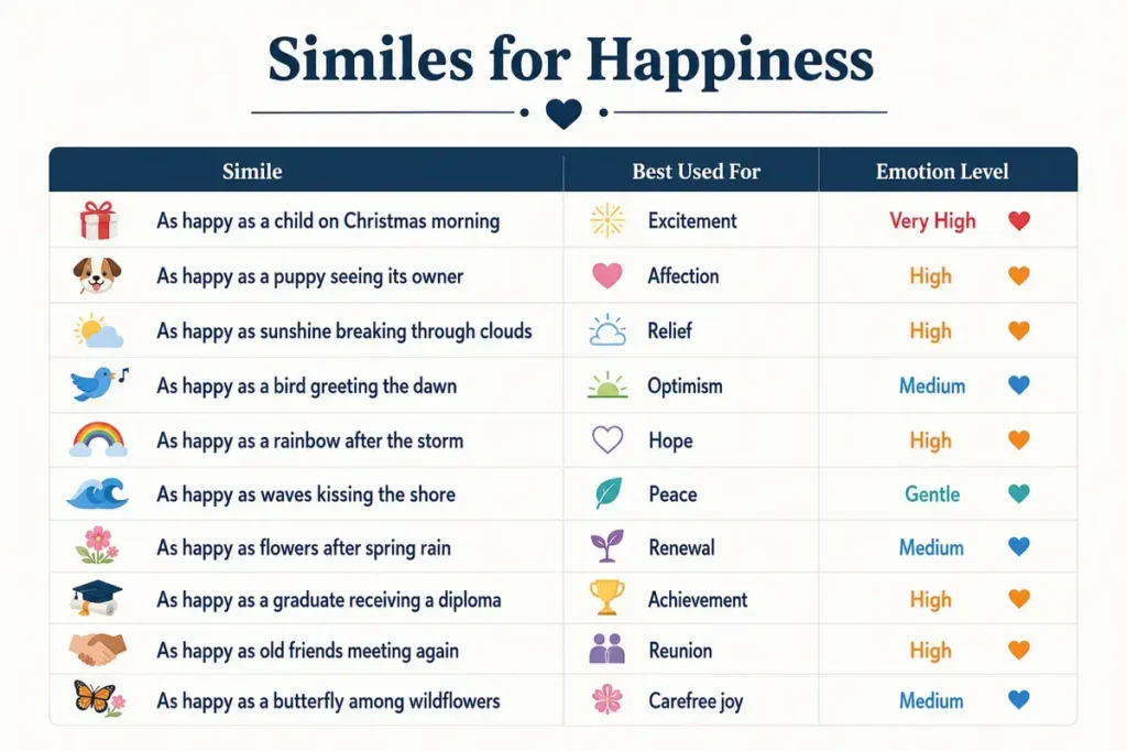 Comparison Table of Popular Similes for Being Happy