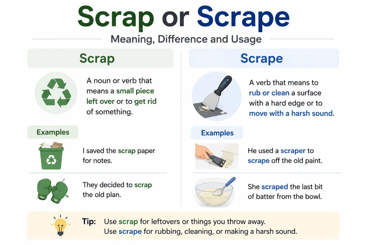 Scrap or Scrape Meaning Difference and Usage