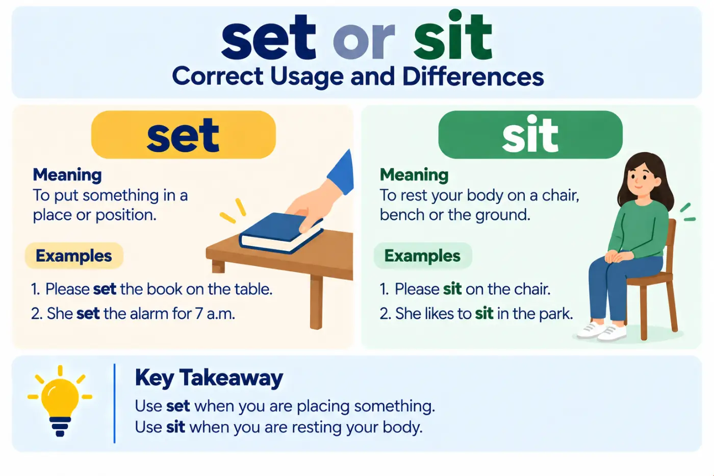 set or sit Correct Usage and Differences